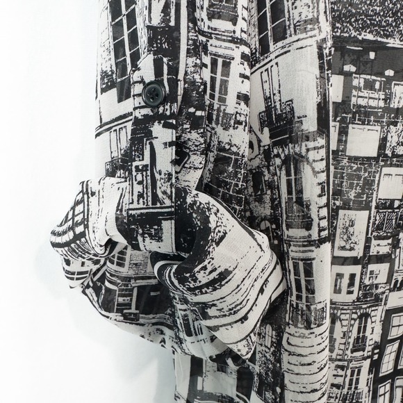 Chicos Cityscape Sheer Chiffon Button Shirt 3 (XL) Monochrome Urban Retro Artsy - Picture 13 of 16